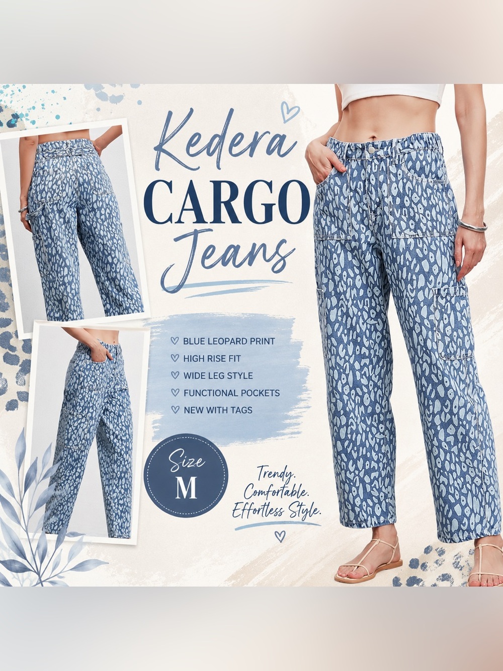 Kedera Blue Leopard Print Cargo Jeans Women’s Medium High Rise Wide Leg NWT